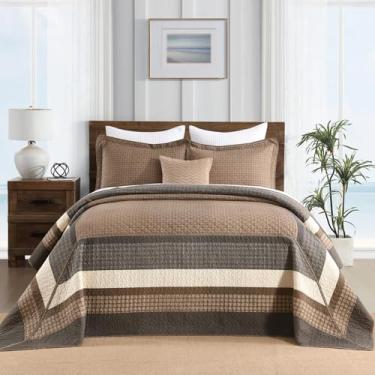 Imagem de FineStichery Colcha grande 325 x 304,8 cm - 100% algodão Farmhouse King Conjunto de colcha com fronhas, capa de cama acolchoada leve, 3 peças, marrom/marrom escuro/creme