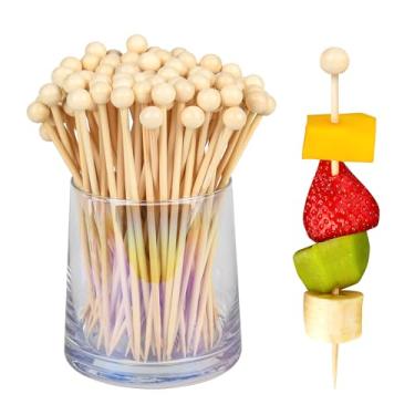 Imagem de 100 palitos de dente extravagantes para aperitivos, palitos de coquetel de bola de madeira de 12 cm para bebidas, espetos de aperitivo de bambu para acessórios de tabuleiros de charcutaria, martini