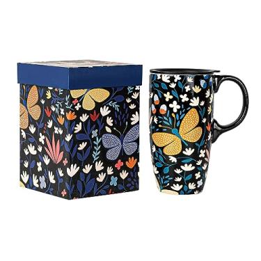 Imagem de DUSVALLY Caneca de café de cerâmica, xícara de chá de 500 ml, linda caneca de porcelana com alça e caixa de cor, borboleta amarela