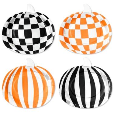 Imagem de AnyDesign 24 peças, prato de papel de Halloween, laranja, preto, abóbora, xadrez, prato de jantar, pratos descartáveis, pratos de sobremesa, utensílios de mesa decorativos para decoração de festas de