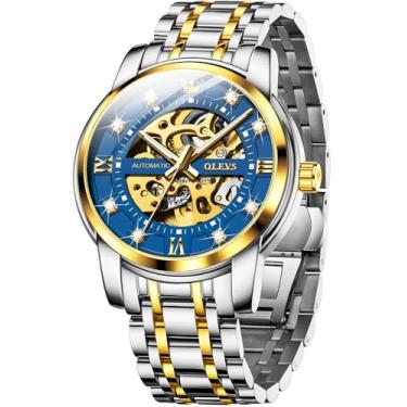 Imagem de OLEVS Relógio masculino automático esqueleto diamante luxuoso mecânico automático relógio de pulso à prova d'água luminoso, G9901: pulseira de dois tons e mostrador azul