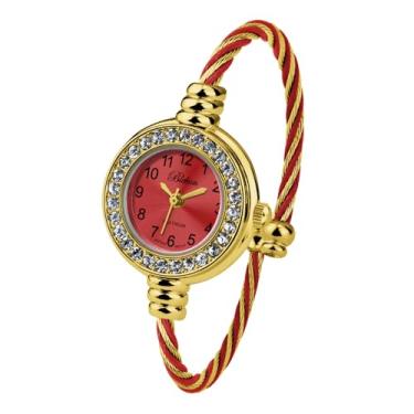 Imagem de Blekon Collections Relógio feminino de pulso com mostrador analógico redondo com números árabes, 23 mm, pulseira de arame, relógio feminino elegante, Strass ouro/vermelho, Casual, clássico, elegante,
