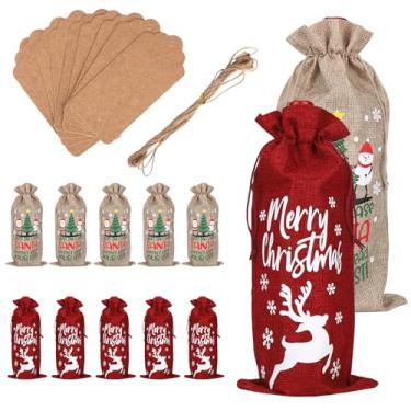 Imagem de 10 Unidades Sacos para Garrafas Vinho Natal, Saco de Presente Vinho Juta com Cordão Etiquetas e Corda para Decoração Festa de Aniversário Casamento e Natal