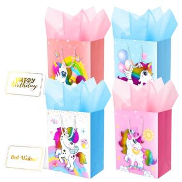 Imagem de Bolsa de presente de unicórnio com alça de papel de seda para meninas e meninos e festas de aniversário, pacote com 4, 23 cm