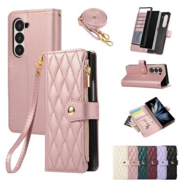 Imagem de Capa de couro com alça de pulso para Samsung Galaxy Z Fold 7 6 5 4 3 5G, capa tipo carteira com porta-cartões, ajustável, transversal, rosa, para Galaxy Z Fold7