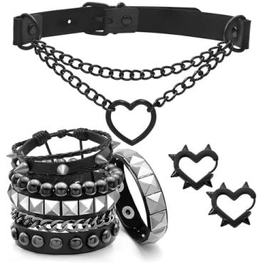 Imagem de Aswitnove 6 peças de pulseiras punk cravejadas grunge gótico colar brincos conjunto de joias 80s Alt PU pulseiras emo gótico coração corrente gótica colar cruz colar em camadas Y2K spike coração