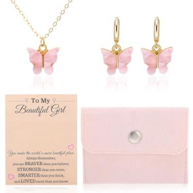 Imagem de JATEBI Colar para meninas, conjunto de joias infantis com pingente de borboleta ajustável, brinco hipoalergênico com bolsa de veludo para Natal, formatura, volta às aulas