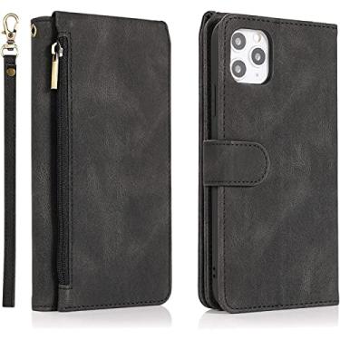 Imagem de KKFAUS Capa carteira com zíper para iPhone 14/14 Plus/14 Pro/14 Pro Max, capa de telefone de couro PU premium com alça de pulso slots de cartão suporte capa de notebook flip magnético (cor: preto, tamanho: 14ProMax)