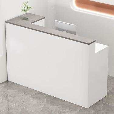 Imagem de Mesa de recepção branca moderna em forma de L com orifício para cabo, bandeja de teclado e gaveta com trava - 120 x 45 x 100 cm - Mesa de recepção para balcão de caixa de varejo