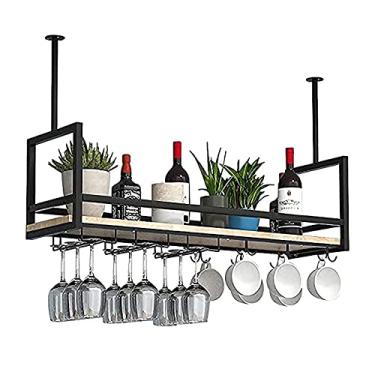 Imagem de Prateleira de vidro pendurada para garrafa de vinho, rack de vinho de montagem industrial no teto com guardrail, rack de vinho suspenso de metal com suporte de vidro e prateleira (cor: preto, tamanho