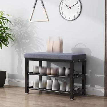 Imagem de Banco de sapateira de 2 níveis com almofada, moldura de metal resistente, comporta 136 kg, organizador de entrada para sala de estar, corredor, mudroom, entrada - cinza preto elegante (60 cm)