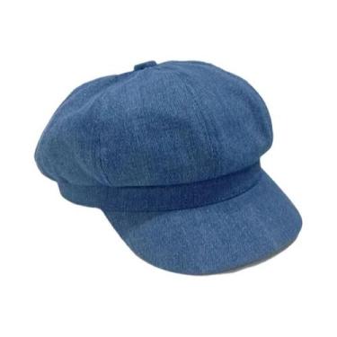 Imagem de Boina Octogonal Feminina Vintage De Jeans Cor Sólida Casual Estilo Pin