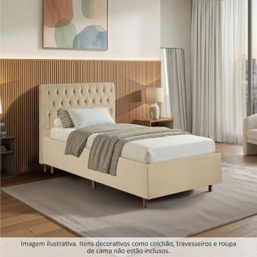 Imagem de Kit Cama Box Solteiro e Cabeceira em Madeira Maciça Estofada Espresso Móveis Veludo Bege