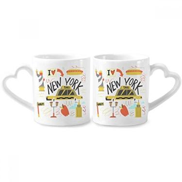 Imagem de America New York City Liberty Illistration Conjunto de canecas de porcelana para casais, copo de cerâmica com alça de coração