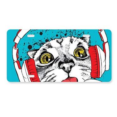 Imagem de DIYthinker Fone de ouvido vermelho, branco, proteção de gato, animal, placa de licença para decoração de carro, acessório de aço inoxidável