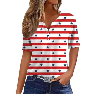 Imagem de Camiseta feminina com bandeira americana casual de verão, listras estrelas, vermelho, branco, azul, blusa Dia da Independência, gola Henley, Vermelho, M