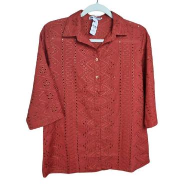 Imagem de Camisa Camisete Feminina Laise 100% Algodão Com Manga 3/4 Terracota Marrom Plus Size Doce Brisa