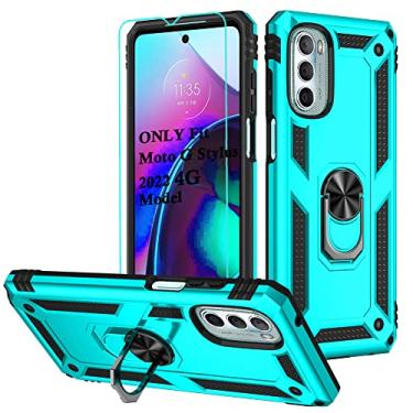 Imagem de Androgate Capa compatível com Motorola Moto G Stylus 2022 4G com protetores de tela HD, suporte de anel de metal de nível militar 4,6 m Capa de cobertura à prova de choque testada por queda para Moto G Stylus 4G 2022, azul-petróleo
