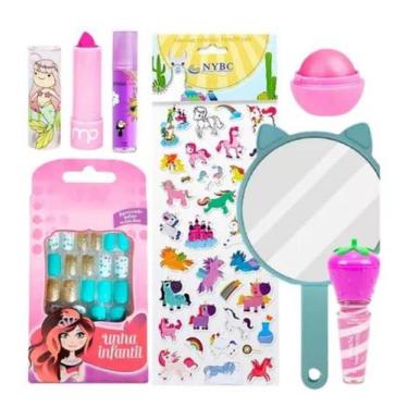 Imagem de Kit De Maquiagem Infantil Batom Brilho Gloss Espelho Adesivo - Nova Av