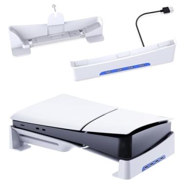Imagem de YUFANLI Suporte horizontal fino para PS5 com hub USB de 4 portas, suporte base para PlayStation 5 Slim com fixação de parafuso, compatível com PlayStation 5 Slim Disc e edição digital