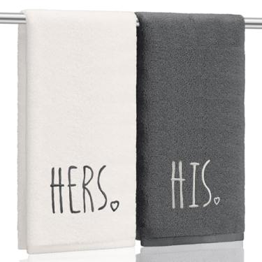 Imagem de Tingjoo 2 peças de toalhas de mão dele e dela 100% algodão bordado toalha de banheiro presente de casamento para casal de dia dos namorados, decoração de banheiro de aniversário, 73 x 33 centímetros