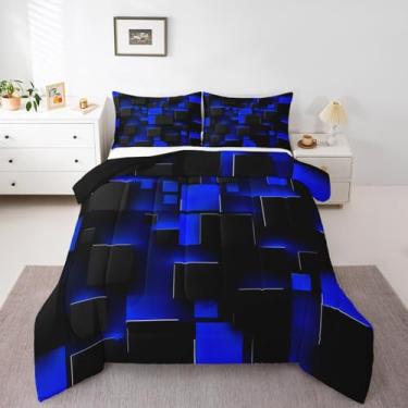 Imagem de Feelyou Conjunto de cama abstrato, azul, preto, para decoração de quarto de crianças, meninos, meninas, adolescentes, geométrico, neon, tamanho Queen, búfalo, 3 peças