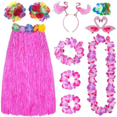 Imagem de Watayo 8 peças/conjunto de saia de grama havaiana flores fantasia para mulheres, roupas de festa luau de verão saia de grama com biquíni óculos de sol guirlanda pulseira de cabelo faixa de cabelo para