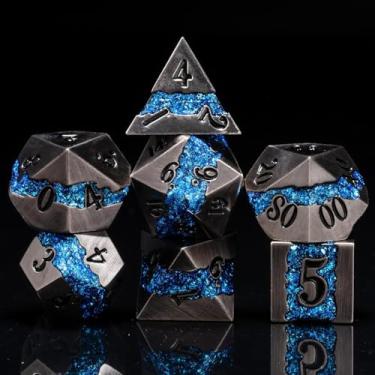 Imagem de Dungeons and Dragons DND Dice Set D&D D20 Single Fringe Metal Dice Set with Box, Polyhedral Role Playing Dice D12 D10 D% D8 D6 D4 for MTG RPG Board Games (Ancient Nickel Brilliant Blue)