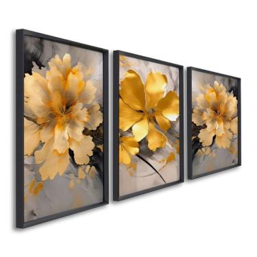 Imagem de Quadro Decorativo Floral Amarelo Com 3 Telas De Parede Para Sala Quarto Escritório 60cm X 90cm Preto