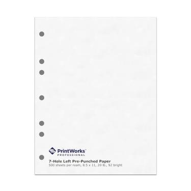 Imagem de Papel pré-perfurado profissional da PrintWorks, 7 furos para esquerda para 2 anéis e 3 anéis e pastas de arquivos de fixador lateral, 22 x 28 kg, 500 folhas (04342)