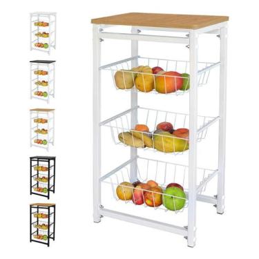 Imagem de Fruteira de Chão Com 3 Cestos para Cozinha Tampo Madeira MDF Modelo Fl