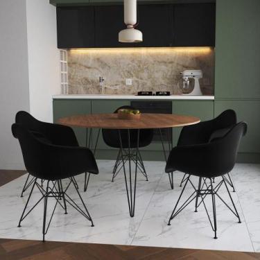 Imagem de Mesa Jantar Redonda 110Cm Amêndoa Clips 3 Pés Com 5 Poltronas Pretas F