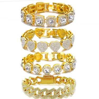 Imagem de 4 pulseiras de elos cubanos para mulheres, conjunto de pulseiras de tênis de diamante, joias empilháveis em camadas banhadas a ouro 14K, conjunto de presente ajustável para mulheres, 9inch, Zinco