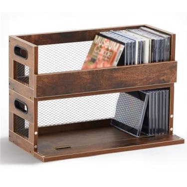 Imagem de Jetec 2 conjuntos de caixas de armazenamento de metal e madeira para CDs, prateleiras, fitas cassetes com alças de transporte, prateleira organizadora para capas de filmes, DVDs, cada conjunto pode
