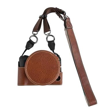 Imagem de Capa R50 V, capa de couro PU feita à mão BMAOLLONGB para meia câmera versão com abertura inferior para Canon Eos R50 V R50V com alça de pescoço para lente (café)