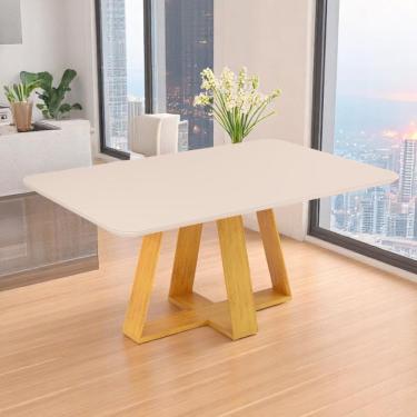 Imagem de Mesa De Jantar Tampo Retangular Chanfrado Curvo ângulo 30 Mad/vid 160 X 90cm Kiara Cedro Bali Off White- Mabe Magazine
