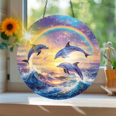 Imagem de Apanhador de sol colorido de acrílico, estilo vitral impresso golfinho com reflexos de arco-íris, arte de parede para decoração de janela suspensa, ornamentos de Natal para uso interno e externo 19,8