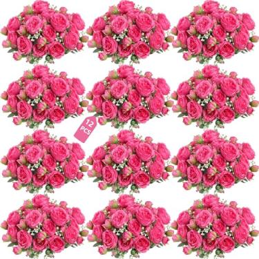 Imagem de SugarHuLu 12 pacotes de flores artificiais peônias buquê de flores rosa, peônias falsas de seda realistas com hastes para mesa de centro de casa, casamento, festa e arranjos florais de noiva DIY (rosa
