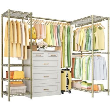 Imagem de ULIFHOME Suporte de roupas E10L em forma de L para canto (com haste expansível) Suporte de roupas independente para pendurar roupas, rack portátil de roupas 147-203 cm L x 76 cm P x 182 cm A, carga