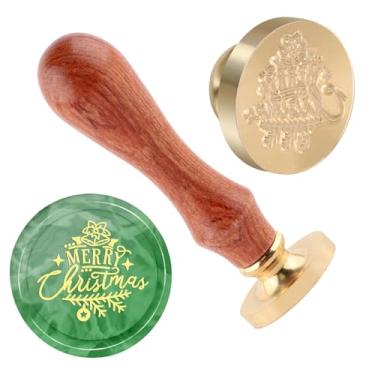 Imagem de Carimbo de lacre de cera de Natal Feliz Natal Carimbo de latão e uma alça de madeira carimbos cabeça para cartões de Natal, convites de festa, cartas, envelopes, cartões de felicitações, presentes