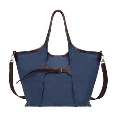 Imagem de Ghsiuly Sacola feminina, bolsa de ombro grande de lona casual de couro sintético para trabalho, escritório, viagens, Azul escuro