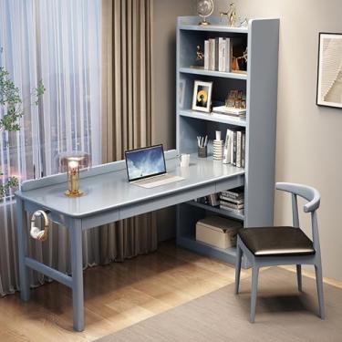 Imagem de Yadlan Mesa de estudo para crianças de 8 a 12 anos com armazenamento, cadeiras de mesa infantis com gaveta, mesa infantil de madeira com estante de 6 camadas, orifício para caneta e ganchos de mochila