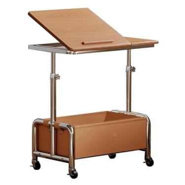 Imagem de Mesa de cabeceira, mesa lateral móvel com cesta de armazenamento de couro 48 x 33 x 16 cm ajuste de altura 55-75 cm fita antiqueda de armazenamento de camada dupla 60 x 40 cm carrinho de rodinhas