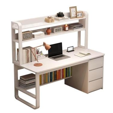 Imagem de HGTRH Mesa de escritório, mesa de computador com três gavetas, mesa integrada e estante de livros, estação de trabalho, moldura de metal, branco quente, 120 x 50 cm