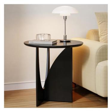 Imagem de HGTRH Mesa lateral redonda de madeira maciça, mesa de canto minimalista moderna com pernas em forma de madeira de borracha, mesa de cabeceira para sala de estar, quarto, varanda, preto