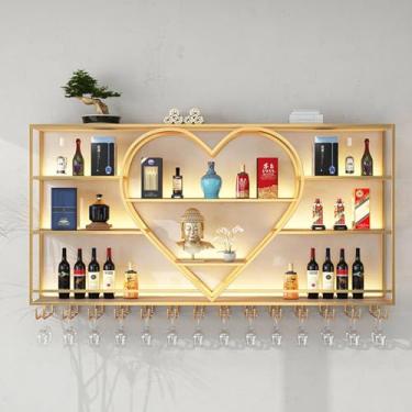 Imagem de HGTRH Rack de vinho montado na parede com suporte de vidro, rack de vinho de barra de ferro com luz LED, exibição de armazenamento multifuncional prateleira de garrafa de vinho, suporte de parede de