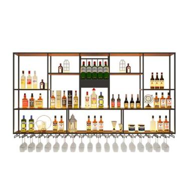 Imagem de HGTRH Rack de vinho montado na parede com luzes, unidade de bar, prateleiras flutuantes montadas na parede, prateleira de garrafa de vinho de ferro industrial, unidade de bar, prateleiras flutuantes
