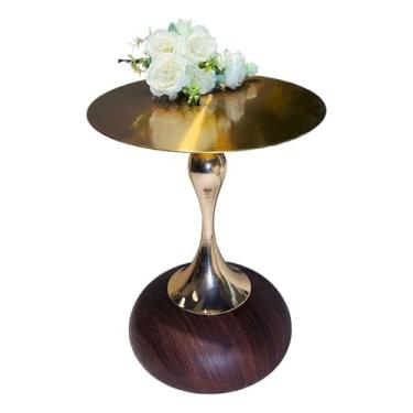 Imagem de Mesas laterais redondas para sala de estar, mesa lateral de sofá com acabamento de textura de madeira de aço inoxidável para pequenos espaços, quarto, sofá, varandas D