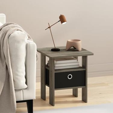 Imagem de Furinno Mesa de canto Andrey, mesa lateral com gaveta de lixo, carvalho cinza/preto