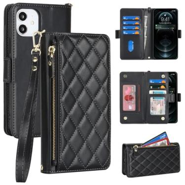 Imagem de Jaorty Compatível com iPhone 12 Pro/12 Capa carteira flip para Apple 12 Pro couro PU preto, losango para mulheres e homens, bolso com zíper, suporte, alça de pulso, porta-cartão, 6,1 polegadas